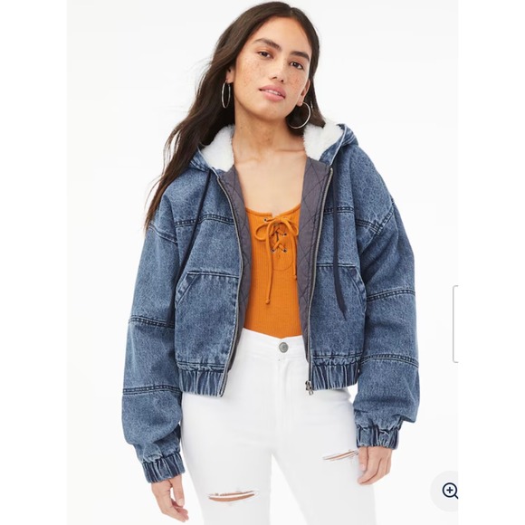 Aeropostale Jackets & Blazers - Aeropostale Blue Denim Cropped Sherpa Hooded Jacket Women's XL